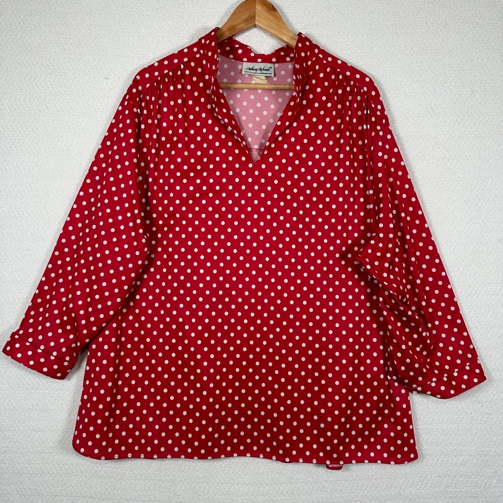 Vintage Anthony Richards 3X Womens Top MuuMuu Blouse Polka Dot Stretch Red White